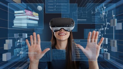 Poster - A woman using virtual reality technology with interactive digital elements around her.