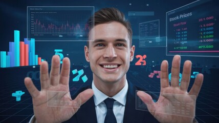 Poster - A smiling man in a suit interacts with digital stock market data and graphs.