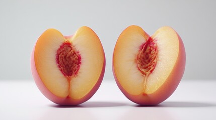 Poster - freshly cut peach halves showcasing juicy yellow flesh and vibrant red skin on a light background, p