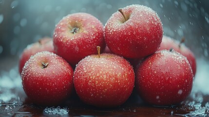 Poster - fresh red apples with water droplets stacked beautifully against a blurred background showcasing the