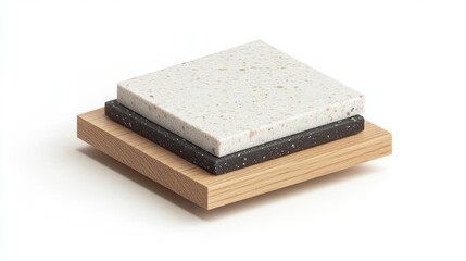 Poster - Interior material samples featuring oak, walnut, black terrazzo, and white carrara marble tiles on a white background for design inspiration.