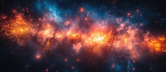 Poster - vibrant cosmic explosion with colorful bursts of fireworks and shimmering stars in a dark night sky 