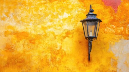 Poster - vintage lantern against a vibrant yellow cement wall with artistic textures adding charm and warmth 