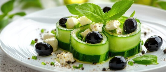 Poster - Festive Cucumber Rolls with Feta Cheese, Fresh Herbs, Capsicum and Black Olives Garnish on Elegant Serving Plate