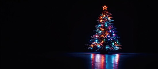 Poster - Colorful Christmas tree adorned with vibrant lights illuminated against a dark background creating a festive ambiance for the holiday season