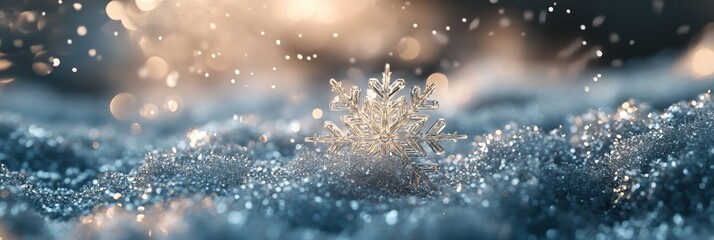 Poster - Intricate snowflake resting on soft snow during a tranquil winter evening