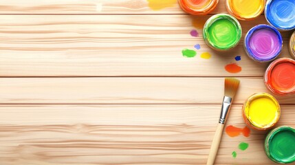Poster - Vibrant paint cans and brush on wooden surface ideal for creative and artistic projects background design.