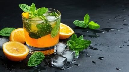 Poster - Refreshing summer cocktail with mint and citrus served on a dark background featuring ice and lemon for a vibrant beach vibe
