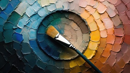 Poster - Artistic paint brush resting on vibrant circular color palette showcasing a range of hues and textures for creative inspiration and design.