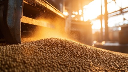 Poster - Soybean processing with golden sunlight illuminating grains during harvest in a modern agricultural facility.