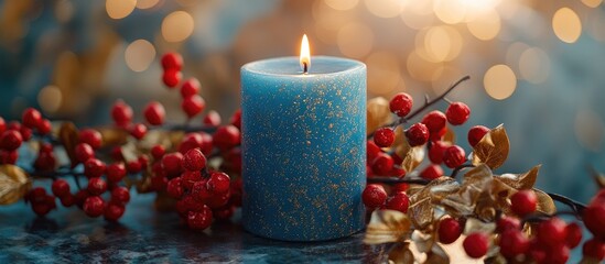 Poster - Blue candle with red berries and gold decorations against a soft glowing background for festive and decorative themes