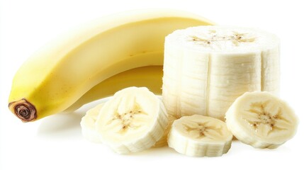 Aufkleber - Fresh ripe bananas and sliced banana pieces showcasing their healthy nutrients and vibrant color ideal for nutritional and food imagery