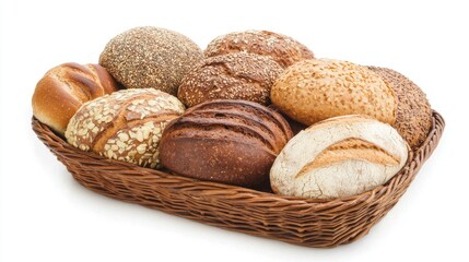 Aufkleber - Assorted artisan bread loaves in a wicker basket on a white background showcasing a variety of textures and colors.