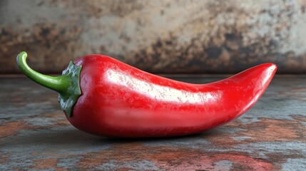 Poster - Vibrant red jalapeno pepper positioned on a rustic background showcasing its glossy texture and unique shape for culinary and food styling use.