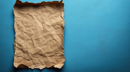 Aufkleber - Crumpled brown paper sheet held by a clip on vibrant blue background for creative visual presentations and design templates