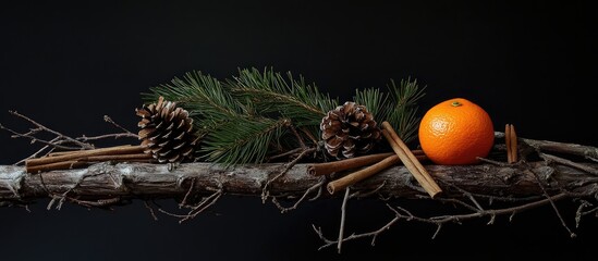 Aufkleber - Art installation with spruce twigs pine cone mandarin and cinnamon sticks on a black background showcasing natural elements and textures