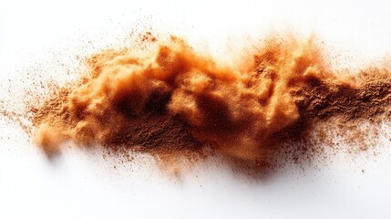 Poster - Desert sand explosion with fine texture and rich orange hues against a clean white background for artistic and environmental concepts.