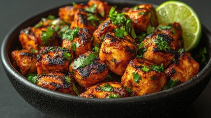 Poster - BBQ Chicken Tikka Boti with Lime Garnish Served in Black Bowl on Grey Background
