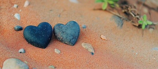 Aufkleber - Close up of two black heart-shaped stones on red sand symbolizing love and romance ideal for Valentine's Day or romantic themes