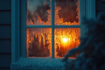 Poster - Close-up view of intricate ice patterns on window illuminated by warm golden light