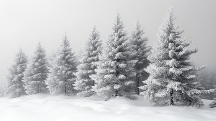 Aufkleber - Snowy Spruce Forest in Black and White with Fog Covering the Landscape and Creating a Serene Winter Atmosphere