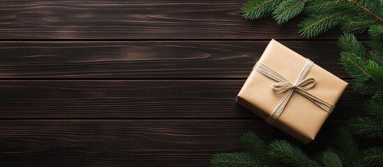 Poster - Christmas gift box surrounded by fir tree branches on dark rustic wooden background with empty space for seasonal text or messages