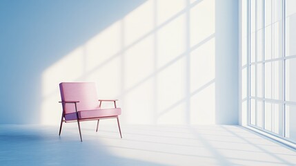 Poster - Pink vintage chair positioned in a bright empty room featuring large windows casting geometric shadows on the floor.
