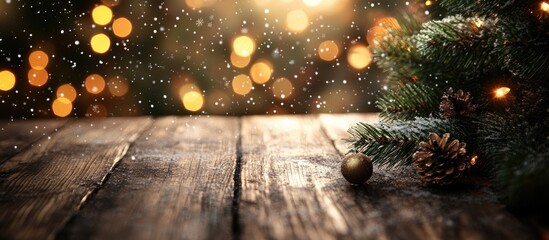 Poster - Wooden tabletop with Christmas decor and bokeh background for product display during festive season with snowfall effect