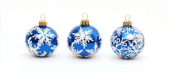 Poster - Blue and white Christmas ornaments adorned with snowflake designs on a bright white background for festive holiday decorations.