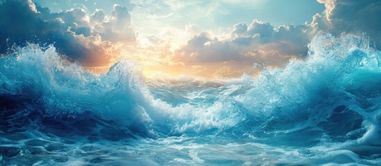 Poster - Vibrant ocean waves crashing under a serene sky with dramatic clouds at sunset showcasing the beauty of nature's elements.