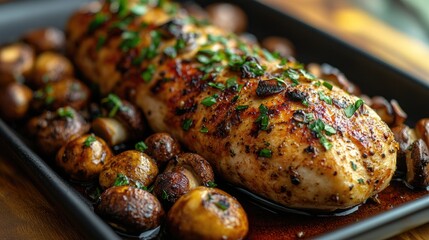 Poster - Succulent chicken breast stuffed with wild mushrooms and herbs served on a black platter with garlic roasted mushrooms on the side.