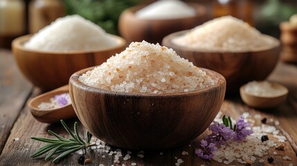 Aufkleber - Aromatic spa essentials showcasing natural sea salts in rustic wooden bowls with herbs and flowers for a soothing ambiance