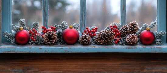 Poster - Rustic Christmas decorations with red ornaments pinecones and greenery on an aged wooden window sill in a serene winter setting