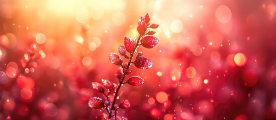 Poster - Coral bokeh backdrop with sparkling droplets and vibrant floral elements creating a warm and soothing atmosphere for creative projects