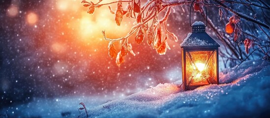 Aufkleber - Enchanting winter scene with glowing lantern and snowflakes creating a perfect holiday greeting card template with ample copy space.