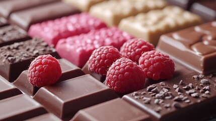 Poster - Assorted chocolate bars with fresh raspberries displayed on a wooden table showcasing a delightful dessert composition.