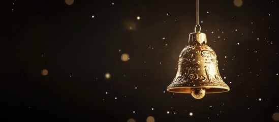 Poster - Golden Christmas bell ornament detailed view with soft bokeh background space for text showcasing festive holiday decoration ambiance