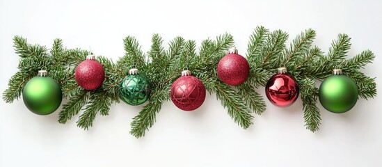 Aufkleber - Festive Christmas tree garland featuring colorful ornaments and fresh pine branches on a light background