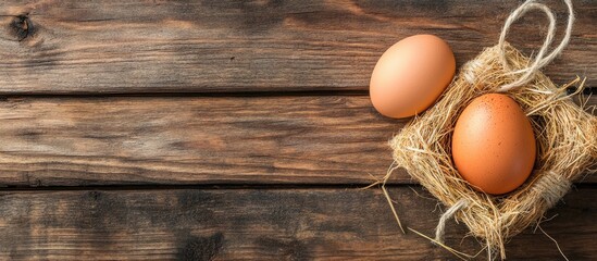 Aufkleber - Rustic Easter background with natural eggs on straw and wooden surface ideal for seasonal promotions and greeting card designs