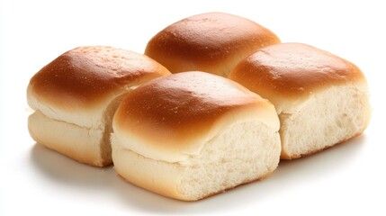 Poster - Soft freshly baked buns stacked on a white background showcasing their golden brown tops and fluffy texture for culinary and food designs