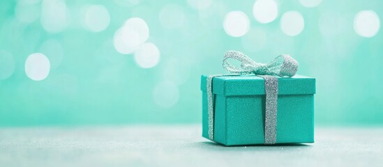 Poster - Festive turquoise gift box on a shimmering bokeh background perfect for holiday greetings and seasonal celebrations.