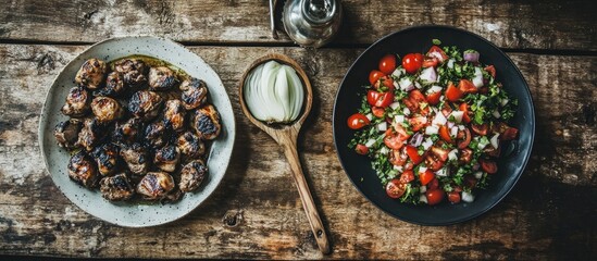 Poster - Traditional Brazilian churrasco with grilled chicken hearts served alongside a fresh tomato and onion salad on a rustic wooden table.