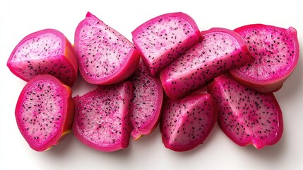 Poster - Sliced dragon fruit pieces showcasing vibrant pink flesh and black seeds against a clean white background for fresh food imagery