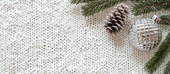 Canvas Print - Christmas ornaments and pine cones on a white knitted background with delicate metal light bulbs and evergreen branches