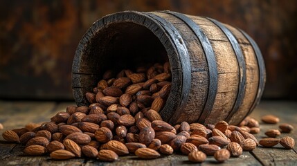 Poster - Almonds cascading from a rustic wooden bucket on a textured wooden surface creating a warm and inviting natural scene