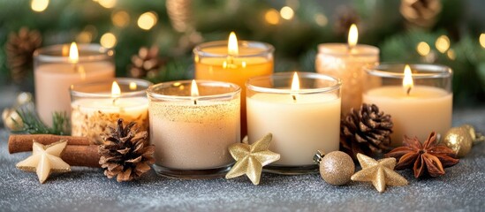 Poster - Christmas candles with festive decorations in a cozy gray-themed home interior featuring pinecones and warm golden lights.