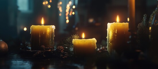 Aufkleber - Warm candlelight glows in a festive still life composition with greenery and holiday decorations creating a cozy Christmas ambiance