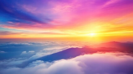 Aufkleber - Vibrant sunset sky with colorful clouds over distant mountains and a sea of mist in a breathtaking landscape view