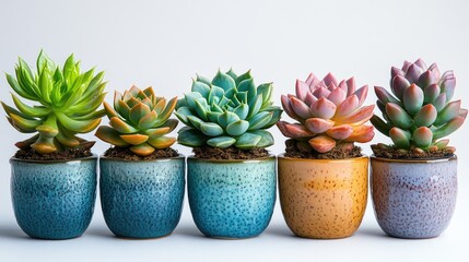 Poster - Colorful succulent cactus plants arranged in decorative pots on a white background, showcasing vibrant greens and pinks, ideal for home decor, gardening, collection, minimalistic design.