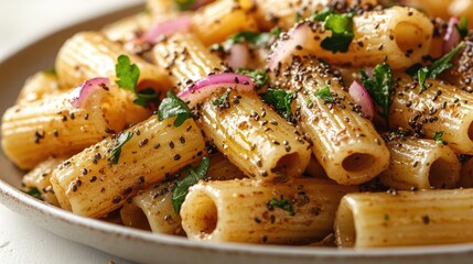 Aufkleber - Rigatoni pasta dish with onion arugula and chia seeds garnished with herbs served on a plate isolated on a light background